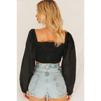 elegant square neck long sleeve elastic waist blouse