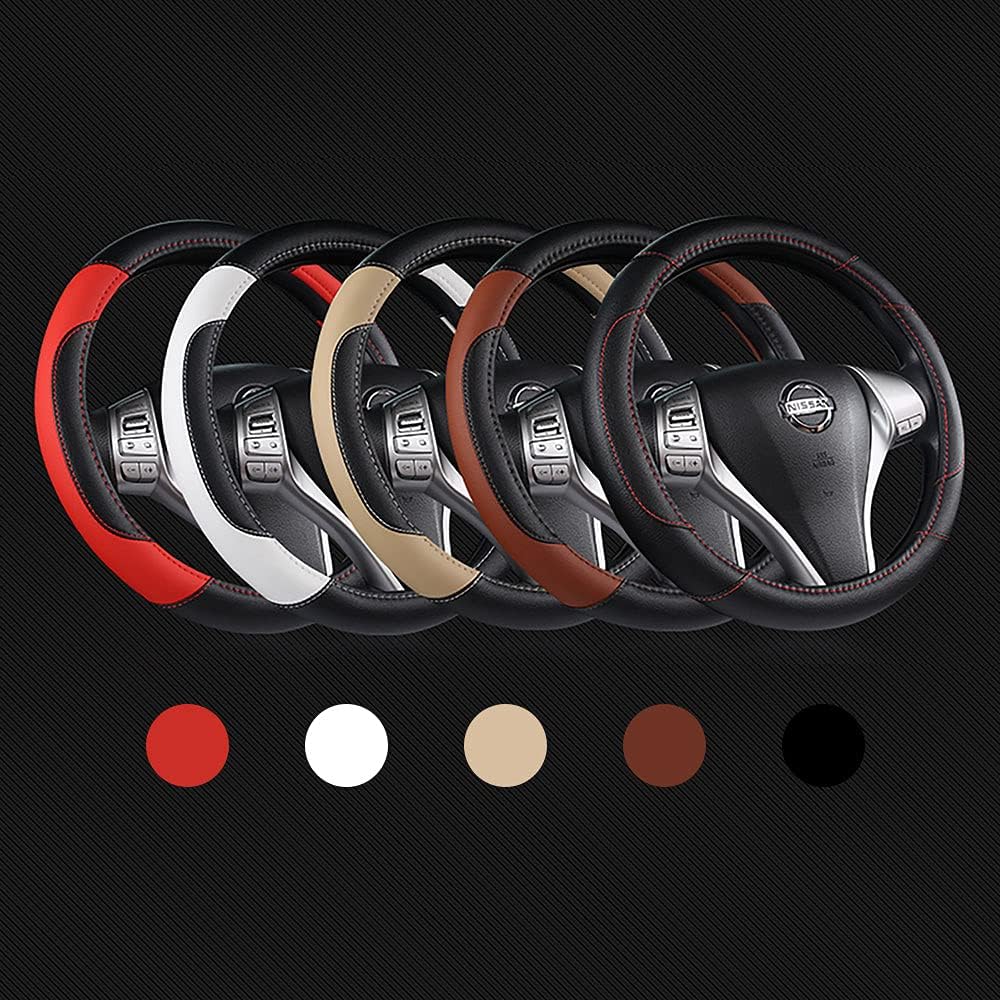 Leather Car Steering Wheel Cover, Non-Slip Car Wheel Cover Protector Breathable Microfiber Leather Universal Fit for Most Cars(White)