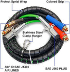 boeray 3 in 1 15 Ft Length Wrap Heavy Duty 7 Way Truck Tractor Trailer Rig Electric Cable Wrap Cord ABS & Air Line Hose Assembly with Aluminum Emergency Universal Glad Hands and Anodized Glad Handle