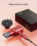 Wavytalk 1875W Ionic Salon Hair Dryer with Diffuser Professional Blow Dryer for Curly Hair with Ceramic Technology Fasting Drying Light and Quiet, Red