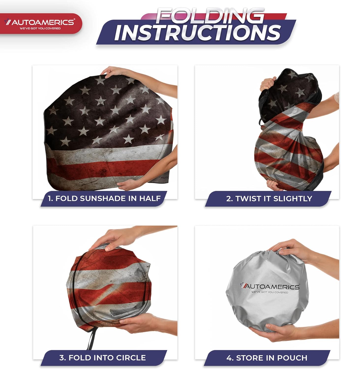 Autoamerics 1-Piece Windshield Sun Shade Grunge American Flag - 1 USA  - Foldable Car Front Window Sunshade for Most Sedans SUV Truck - Blocks Max UV Rays and Keeps Your Vehicle Cool - X-Large