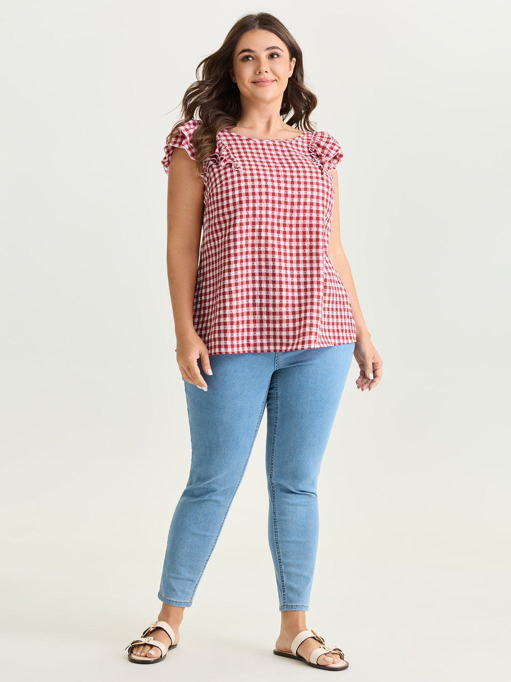 Gingham Print Layered Flutter Sleeve Blouse
