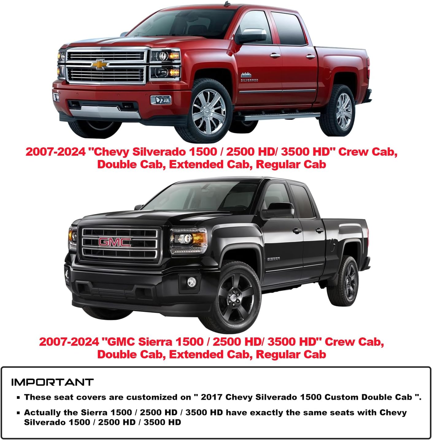 Aierxuan Chevy Silverado GMC Sierra 2 Front Seat Covers Pickup Custom Fit 2007-2024 1500 2500HD 3500HD Crew Double Extended Cab Waterproof Leather Seat Protectors(2 PCS Front, Black)