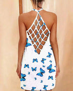 halter neck reticulated back design butterfly mini dress