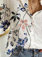 Fashion Flower Print Lapel Long Sleeve Casual Blouse