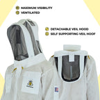 BeeProGear Ventilated Bee Suit for Men - 3X Ultra Protective Layer Beekeeping Suit - Premium White Fabric Mesh Bee Keepers Suite - Professional Bee Suit for Women with Fencing Veil (L)