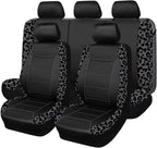 Flying Banner car seat Covers Protects Gray Leopard Printing Velvet Faux Leather Carbon Fiber Front and Rear Bench Full Set (Leopard Gray Black, Full Set - 8PCS)