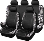 Flying Banner car seat Covers Protects Zebra Printing Velvet Faux Leather Carbon Fiber Front and Rear Bench Full Set (Zebra Black, Full Set - 8PCS)