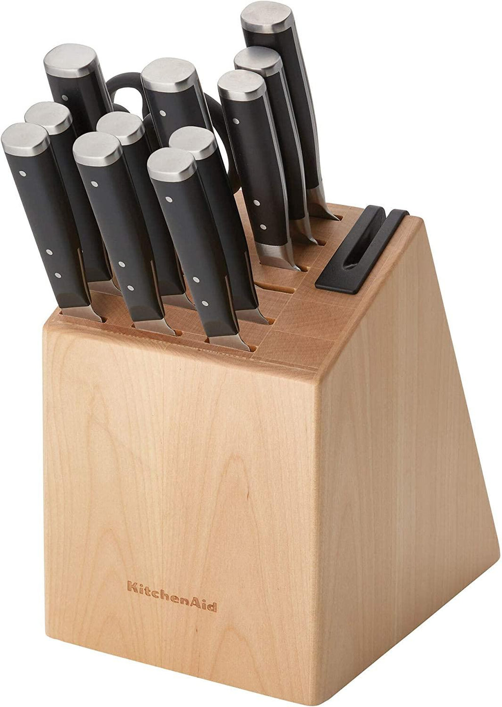 KitchenAid Gourmet 14-Piece Forged Triple Rivet Block Set with Built-in Knife Sharpener, Natural