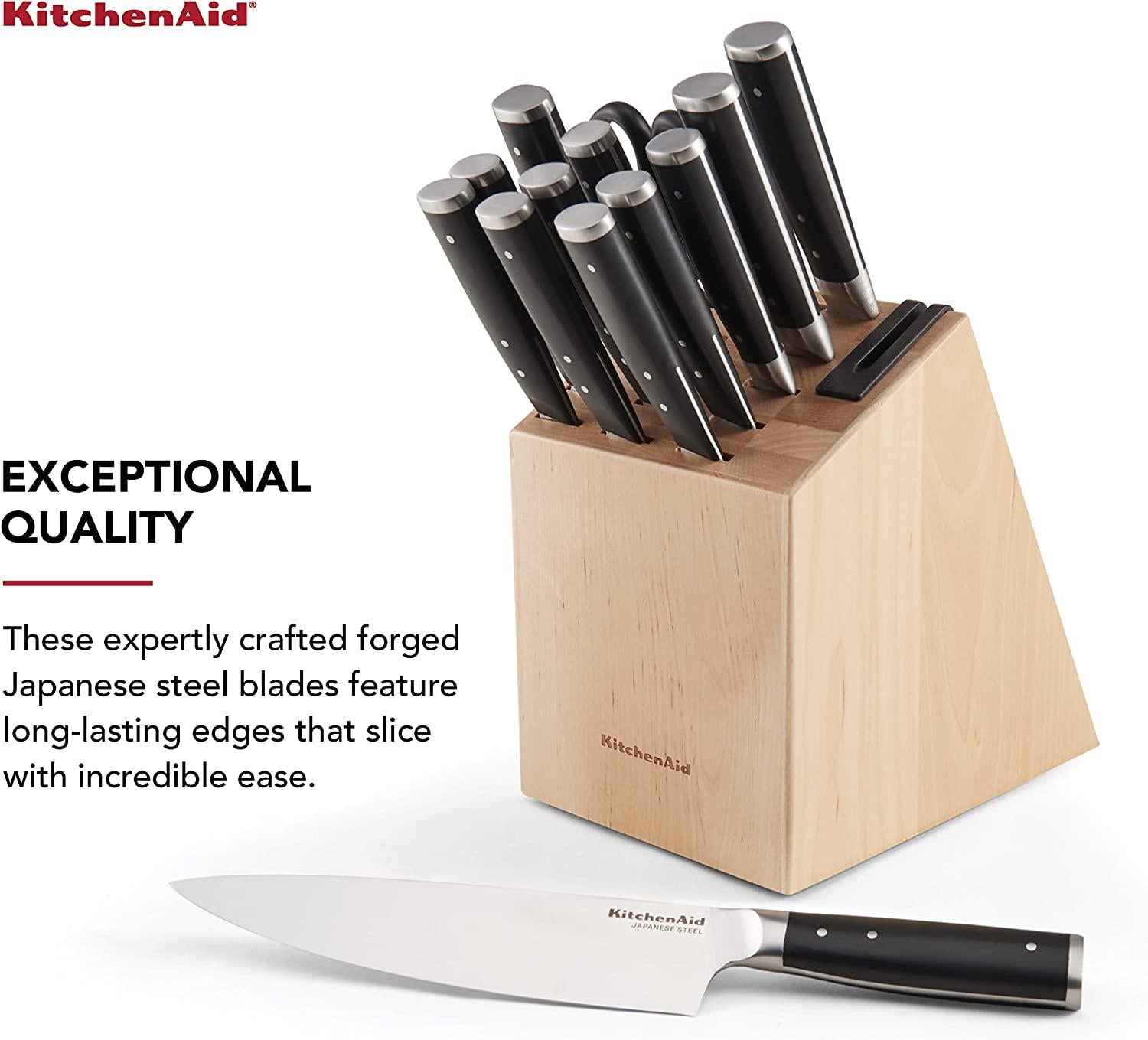KitchenAid Gourmet 14-Piece Forged Triple Rivet Block Set with Built-in Knife Sharpener, Natural