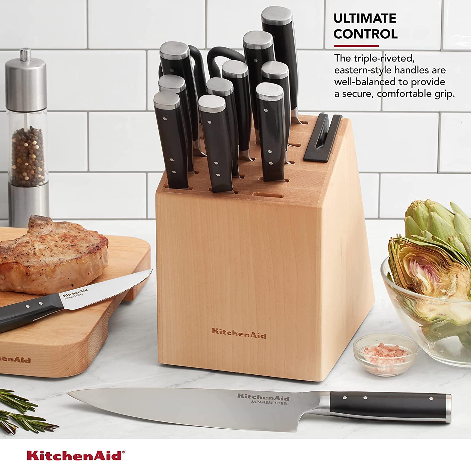 KitchenAid Gourmet 14-Piece Forged Triple Rivet Block Set with Built-in Knife Sharpener, Natural