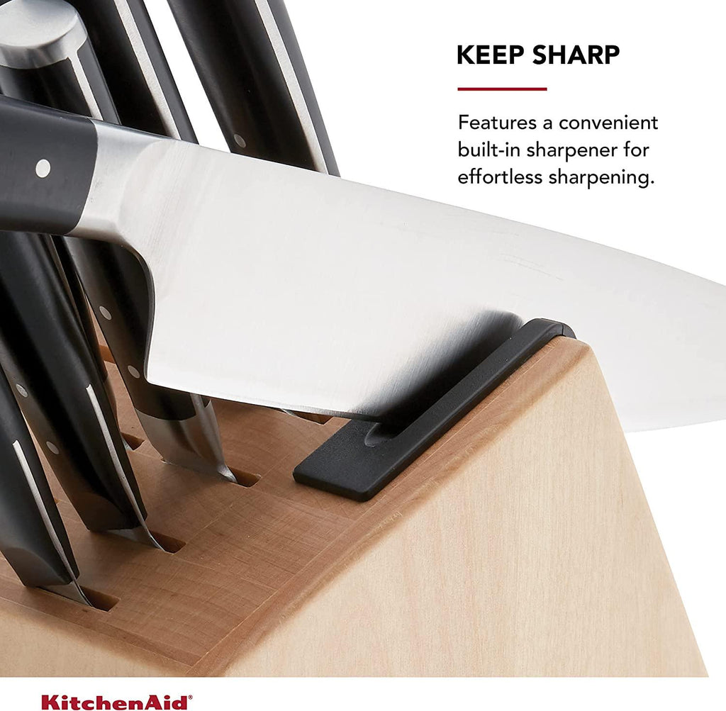 KitchenAid Gourmet 14-Piece Forged Triple Rivet Block Set with Built-in Knife Sharpener, Natural