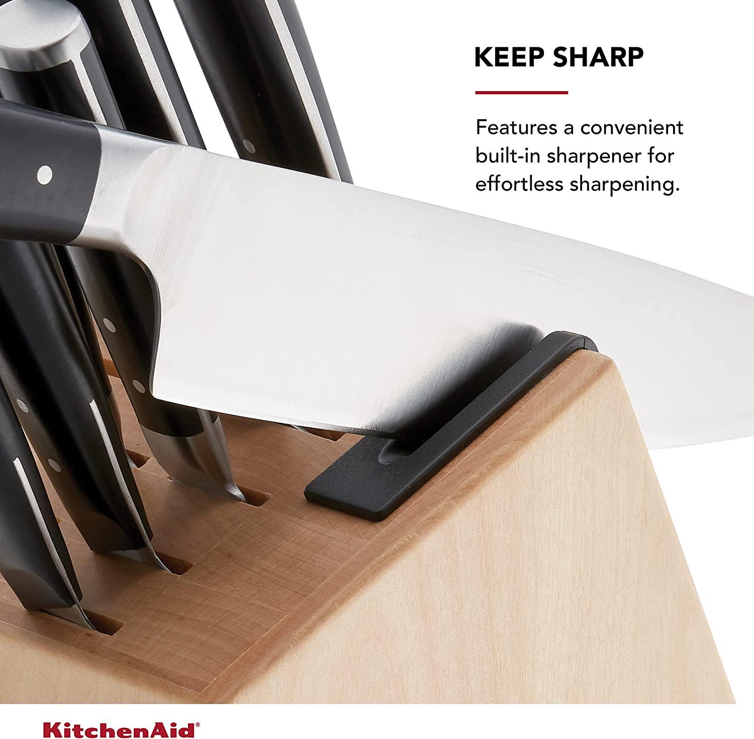 KitchenAid Gourmet 14-Piece Forged Triple Rivet Block Set with Built-in Knife Sharpener, Natural