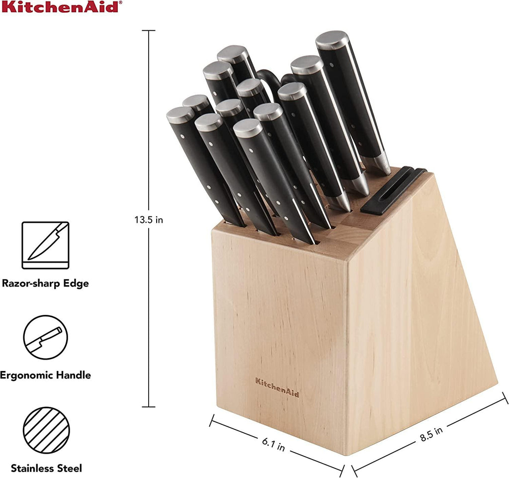 KitchenAid Gourmet 14-Piece Forged Triple Rivet Block Set with Built-in Knife Sharpener, Natural