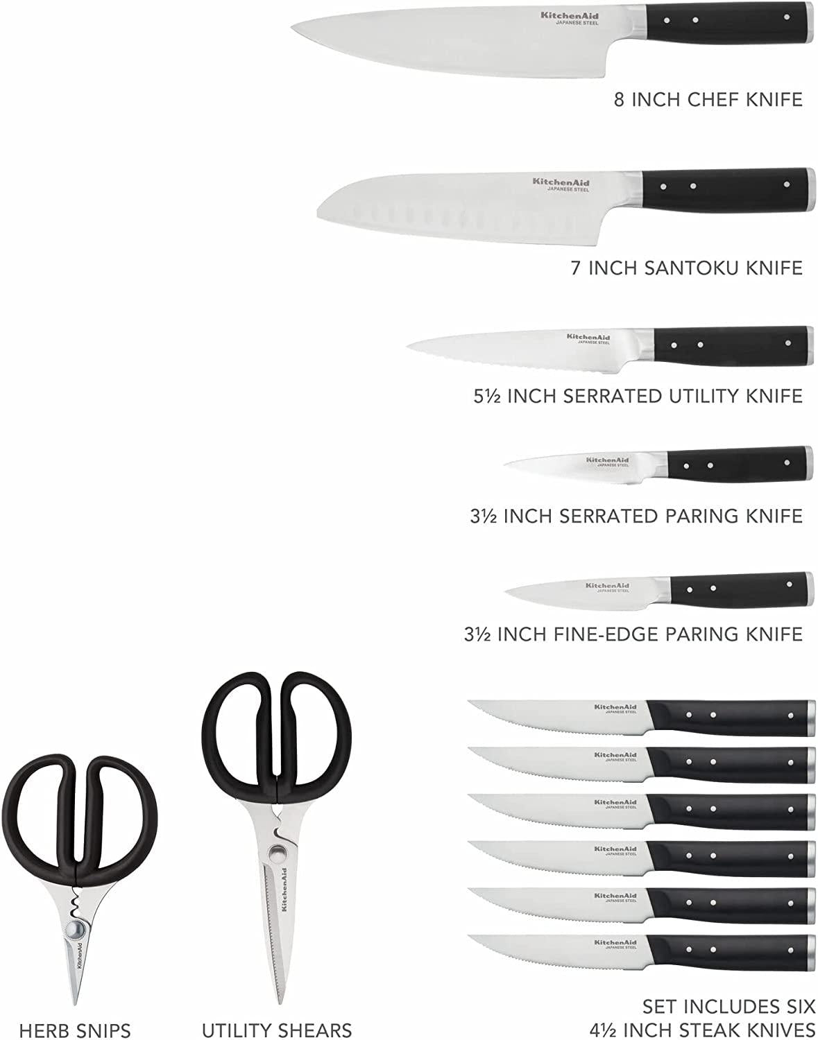 KitchenAid Gourmet 14-Piece Forged Triple Rivet Block Set with Built-in Knife Sharpener, Natural