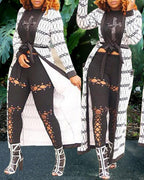 Argyle Print Open Front Belted Longline Cardigan