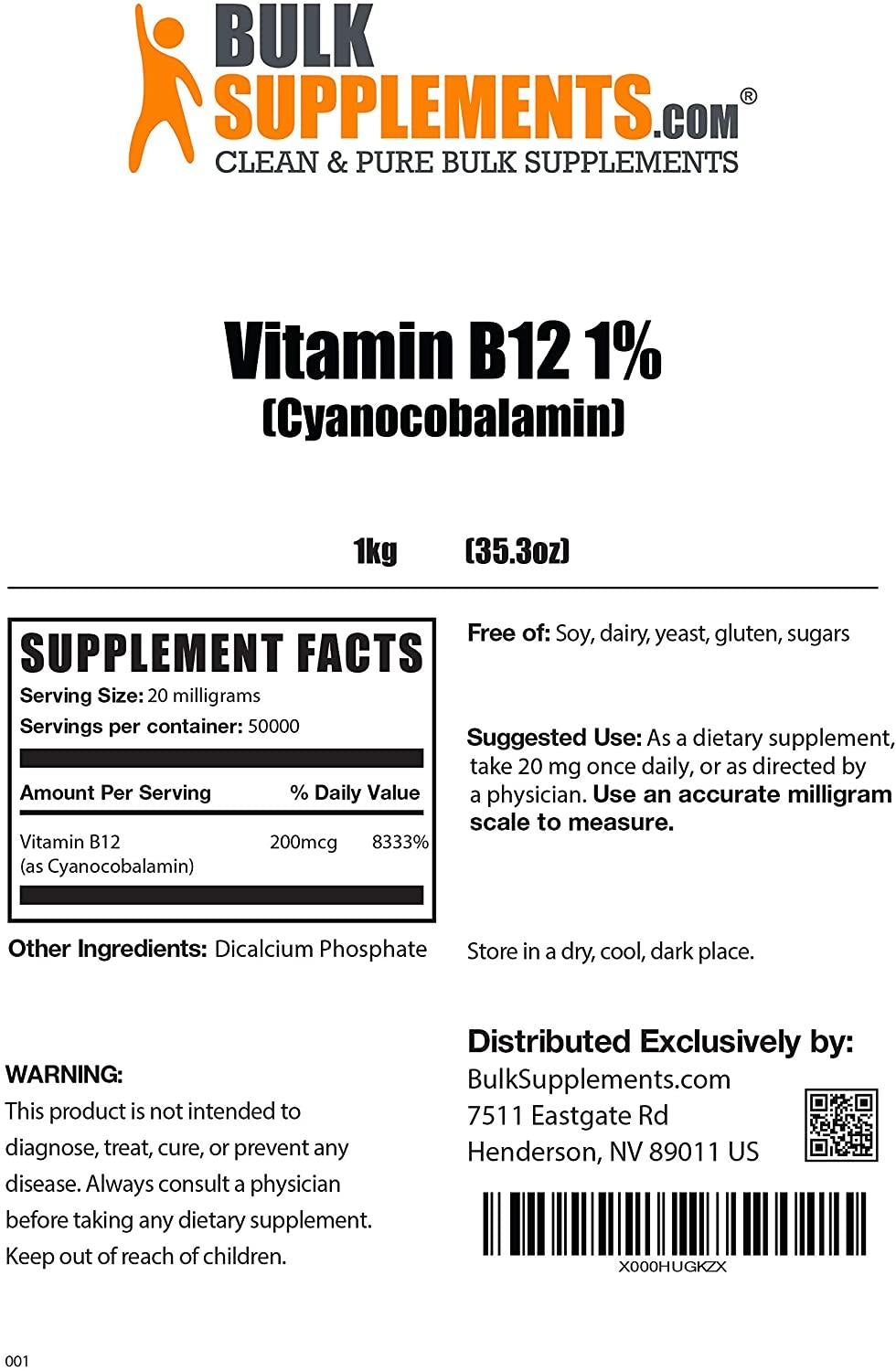 BulkSupplements.com Vitamin B12 1% (Cyanocobalamin) Powder (5 Kilograms - 11 lbs)