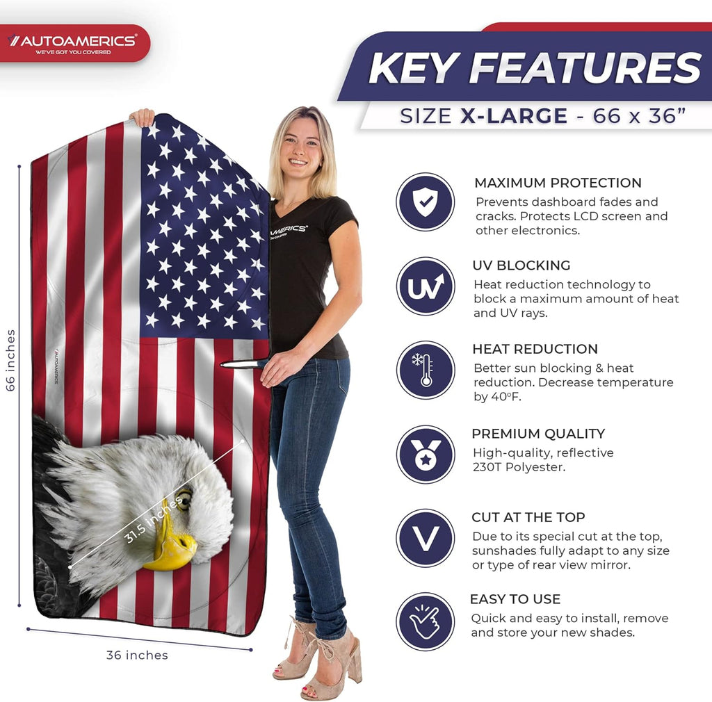 Autoamerics 1-Piece Windshield Sun Shade American Eagle Flag USA Patriotic  - Foldable Car Front Window Sunshade for Sedans SUV Truck - Blocks Max UV Rays and Keeps Your Vehicle Cool X-Large