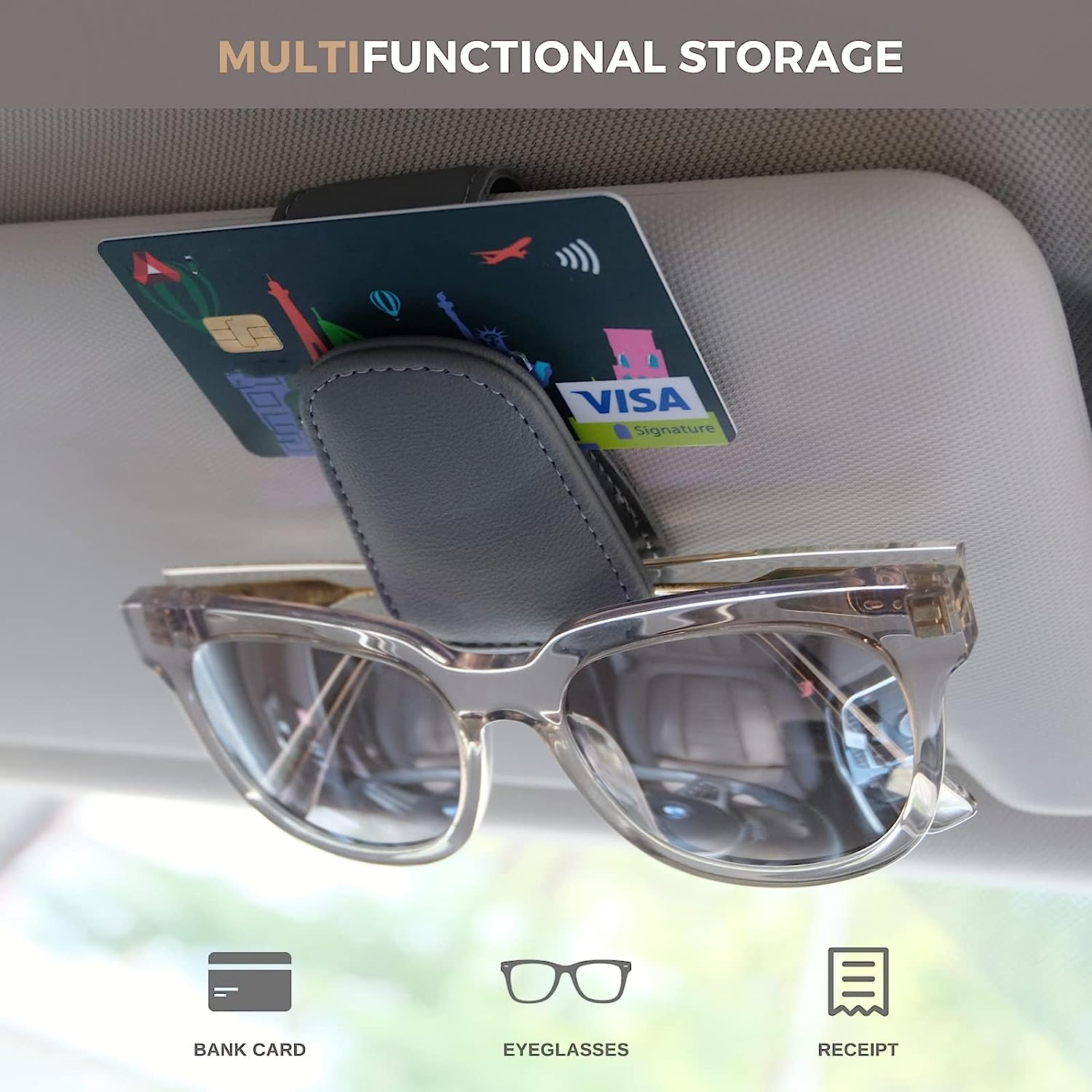 Ompellus Magnetic Leather Sunglass Holder, Eyeglass Hanger Clip for Car Sun Visor, Suitable for Different Size Eyeglasses(Gray)
