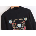 vintage black floral embroidery turtleneck sweater