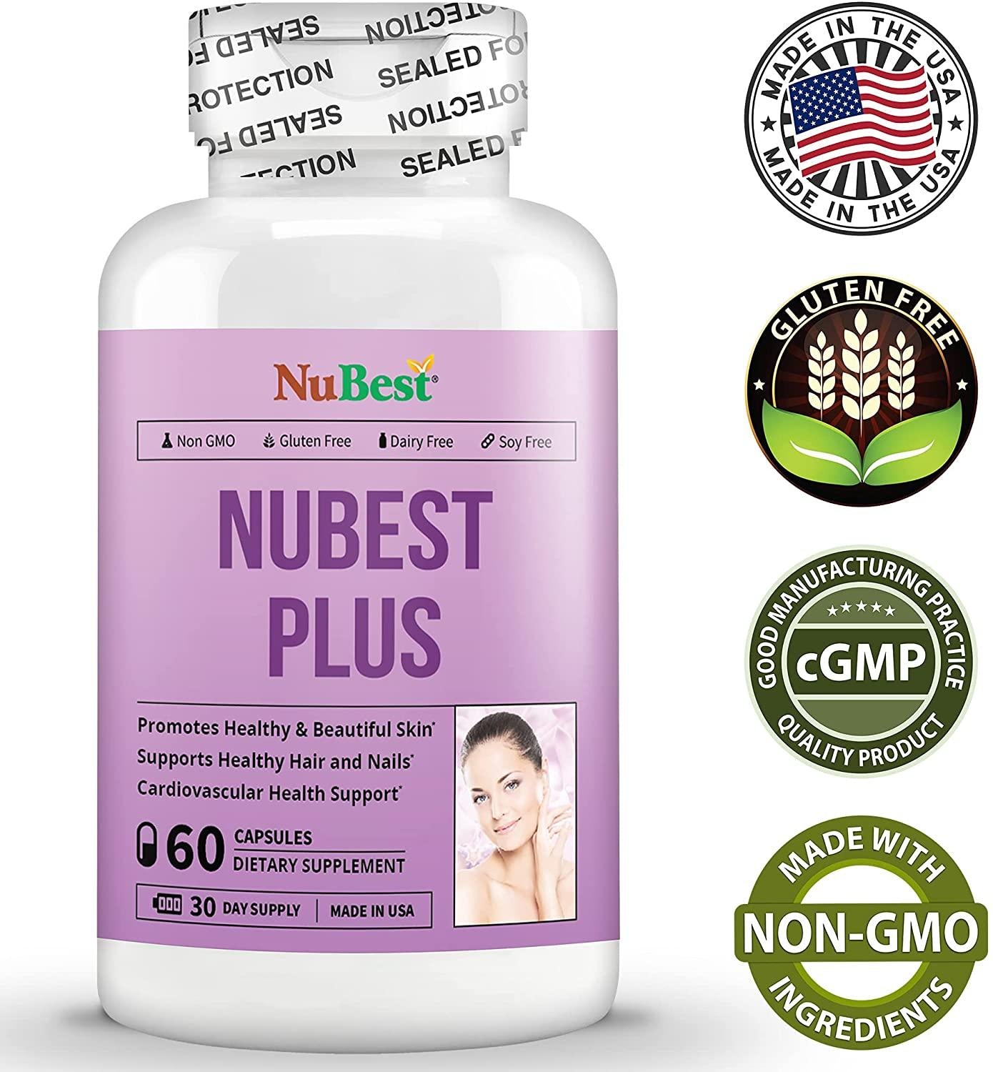 NuBest Plus - Youthful Skin Formula - Beauty & Health Support - Natural Supplement - Collagen Hydrolysate, CoEnzyme Q10 & Vitamins 60 Capsules (Pack of 12)