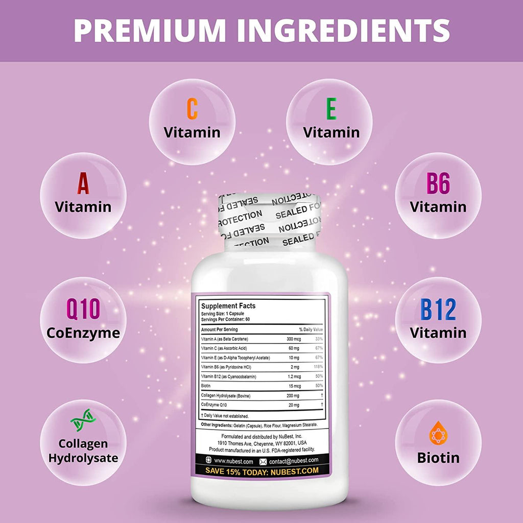 NuBest Plus - Youthful Skin Formula - Beauty & Health Support - Natural Supplement - Collagen Hydrolysate, CoEnzyme Q10 & Vitamins 60 Capsules (Pack of 12)