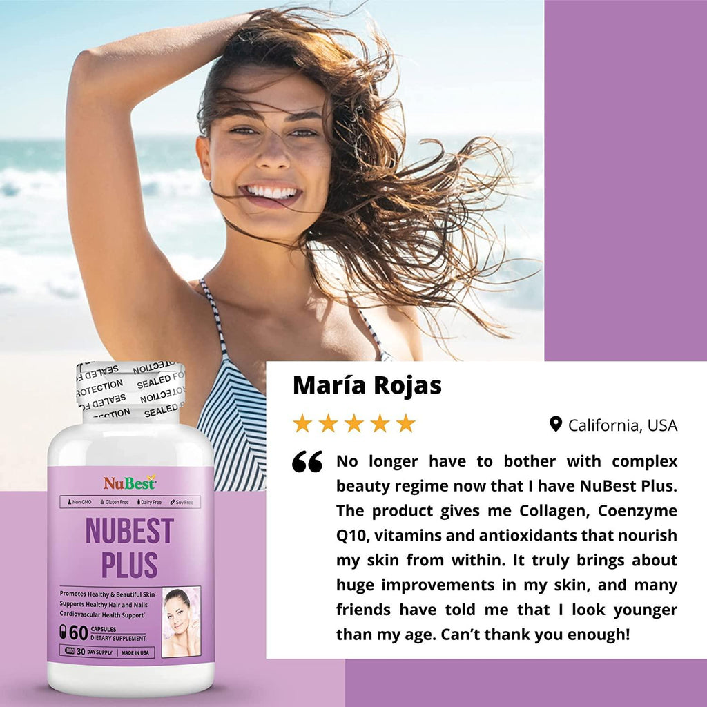NuBest Plus - Youthful Skin Formula - Beauty & Health Support - Natural Supplement - Collagen Hydrolysate, CoEnzyme Q10 & Vitamins 60 Capsules (Pack of 12)