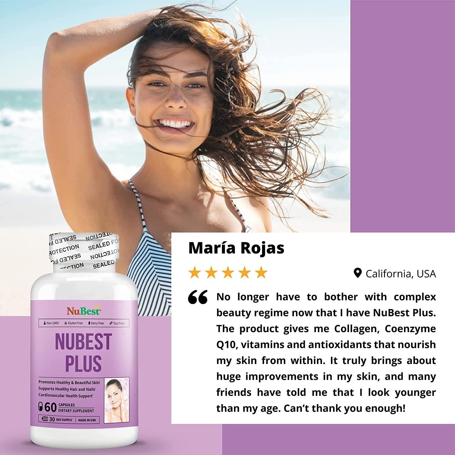 NuBest Plus - Youthful Skin Formula - Beauty & Health Support - Natural Supplement - Collagen Hydrolysate, CoEnzyme Q10 & Vitamins 60 Capsules (Pack of 12)