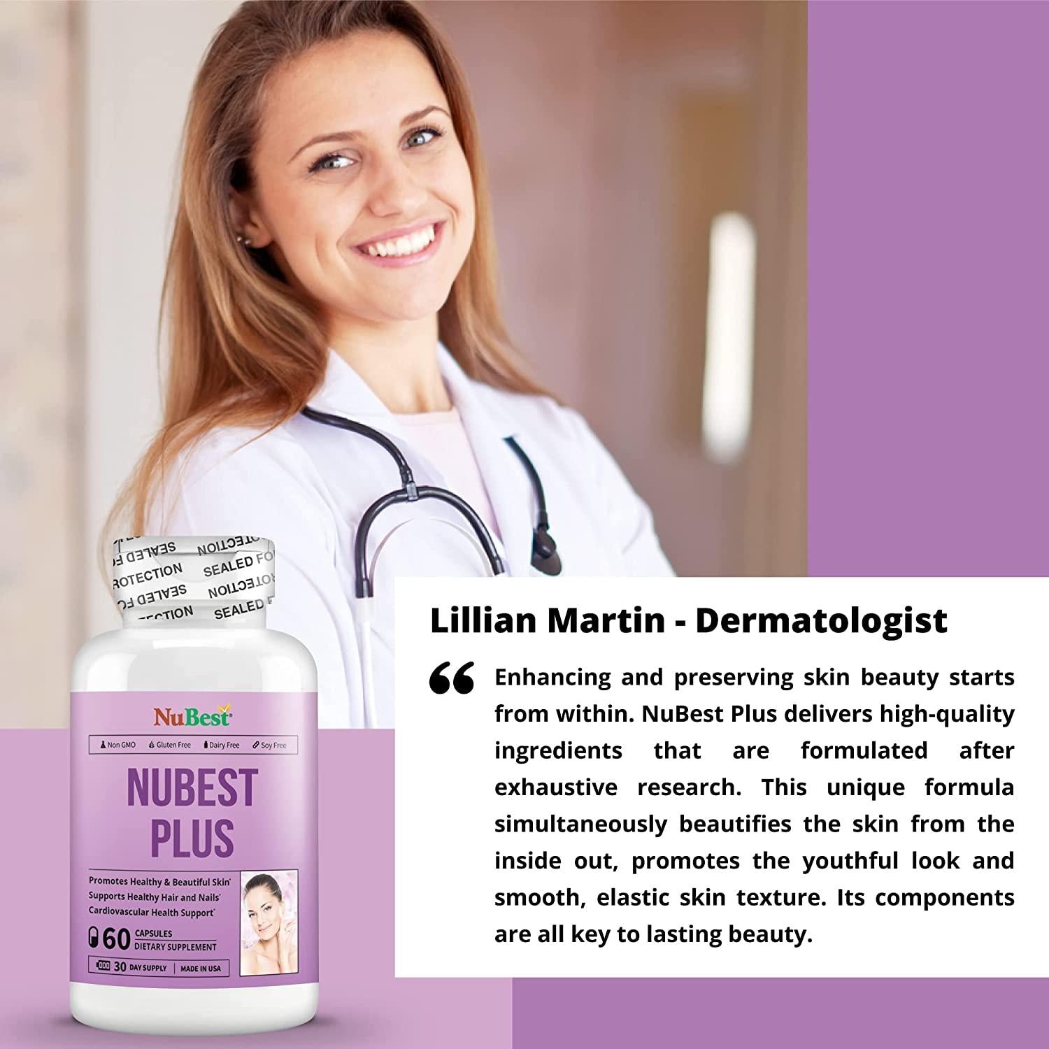 NuBest Plus - Youthful Skin Formula - Beauty & Health Support - Natural Supplement - Collagen Hydrolysate, CoEnzyme Q10 & Vitamins 60 Capsules (Pack of 12)
