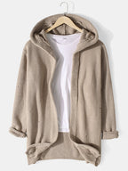 mens solid color knitted casual mid-length ripped loose sweater hooded cardigan