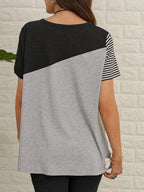 Women's casual striped print hit color short-sleeved T-shirt