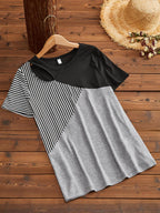Women's casual striped print hit color short-sleeved T-shirt