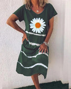 women flower stripe v neck short sleeve midi dress