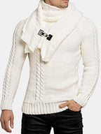 mens solid color round neck casual basic cable knit sweater with scarf