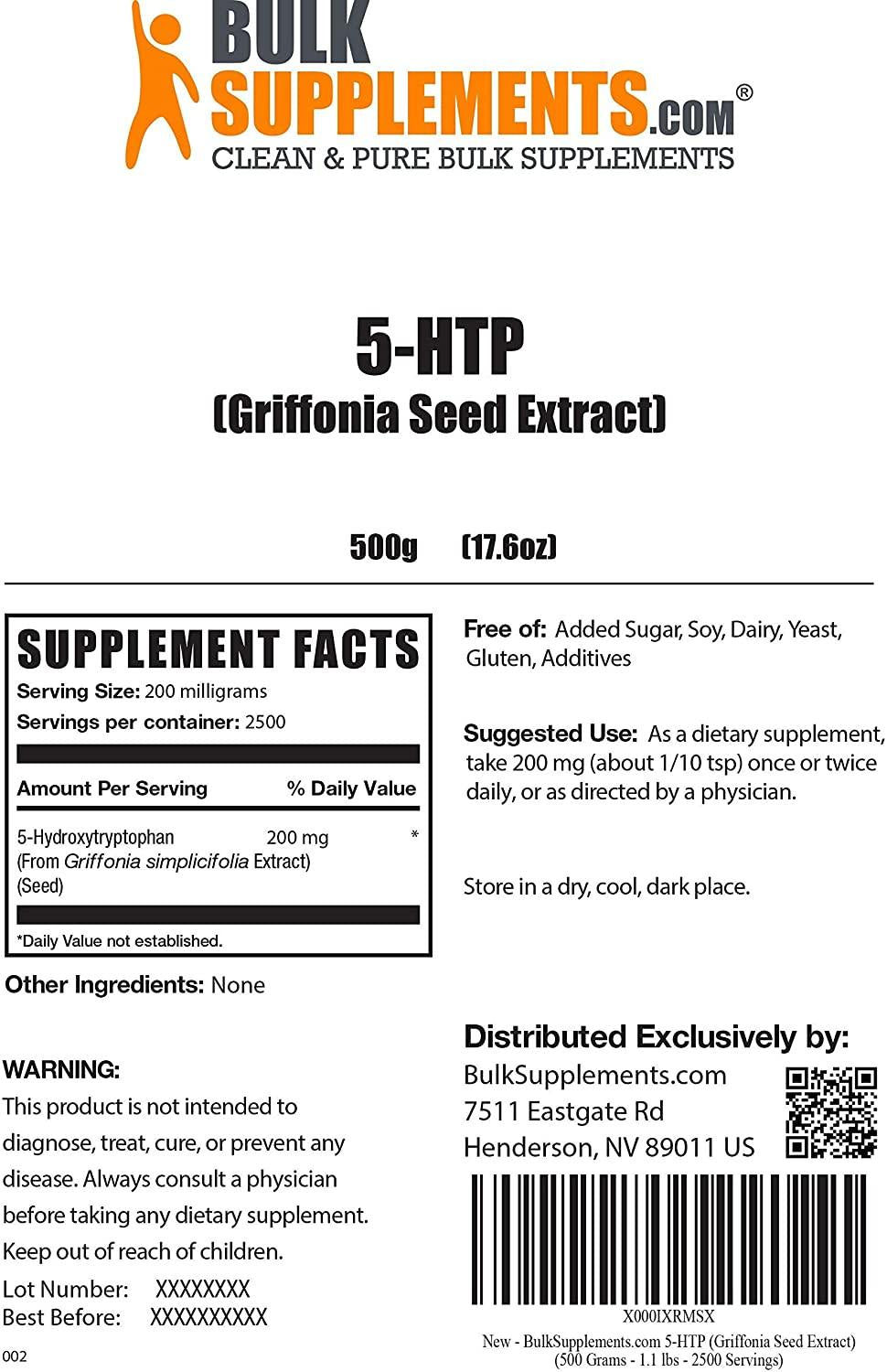 BulkSupplements.com 5-HTP (Griffonia Seed Extract) - 5-HTP 200 mg - Serotonin Supplement - Mood Boosting Supplement (500 Grams - 1.1 lbs)