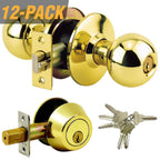 Brass Grade 3 Combo Lock Set with Entry Door Knob and Deadbolt, 72 SC1 Keys Total, (12-Pack, Keyed Alike)