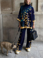 Women's Fashion Casual Color Contrast Bronzing Butterfly Print Royal Blue Suit