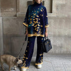 Women's Fashion Casual Color Contrast Bronzing Butterfly Print Royal Blue Suit