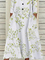 V-Neck Button Leaf Print Three-Quarter Sleeve Ladies Dress