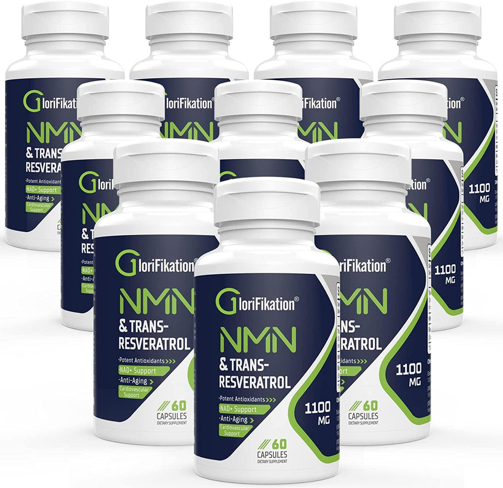 Organic NMN + Trans-Resveratrol Supplement 1100mg Ultra High Purity Nicotinamide Mononucleotide 500mg Boost NDA+ for Anti-Aging, 3-in-1 Immunity Cellular Repair & Overall Health (10 Bottles)