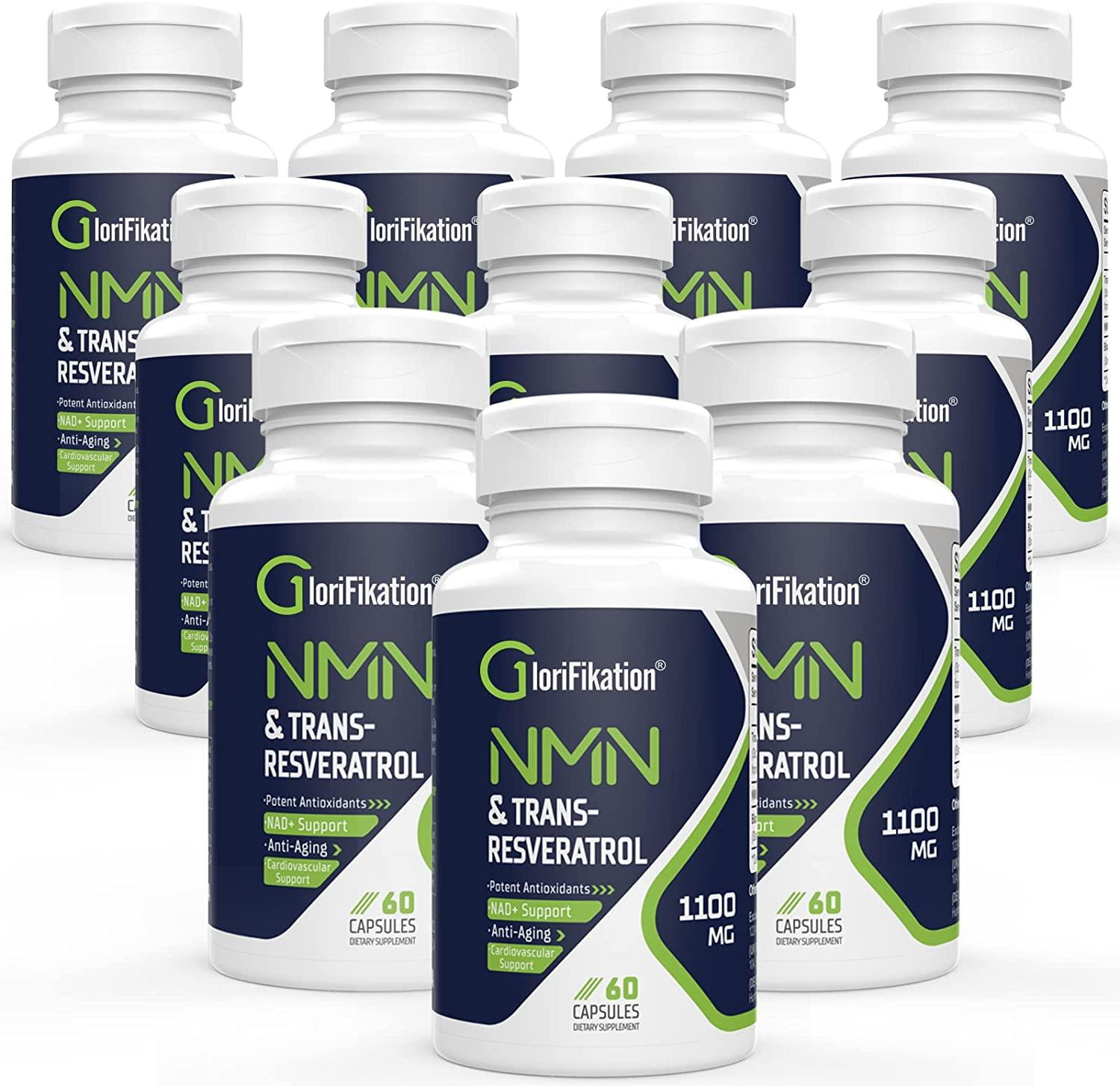 Organic NMN + Trans-Resveratrol Supplement 1100mg Ultra High Purity Nicotinamide Mononucleotide 500mg Boost NDA+ for Anti-Aging, 3-in-1 Immunity Cellular Repair & Overall Health (10 Bottles)