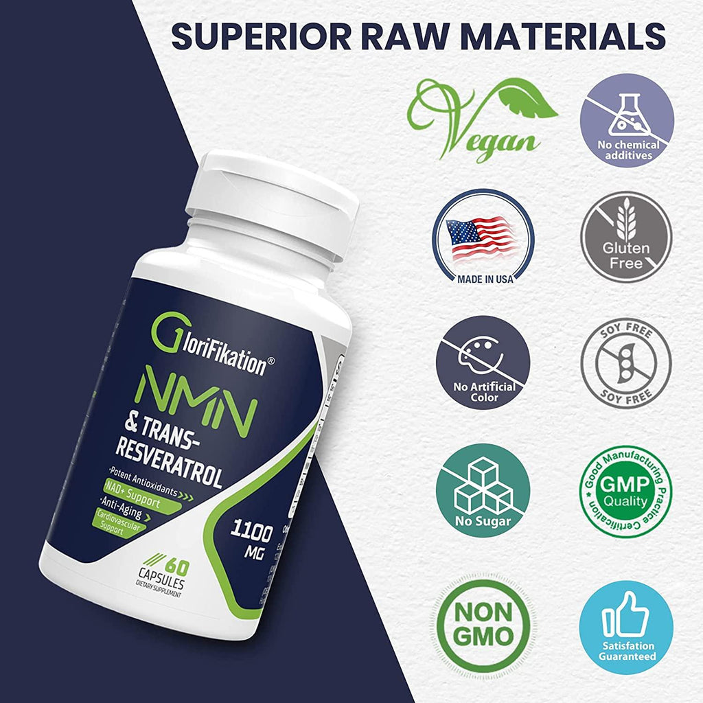 Organic NMN + Trans-Resveratrol Supplement 1100mg Ultra High Purity Nicotinamide Mononucleotide 500mg Boost NDA+ for Anti-Aging, 3-in-1 Immunity Cellular Repair & Overall Health (10 Bottles)