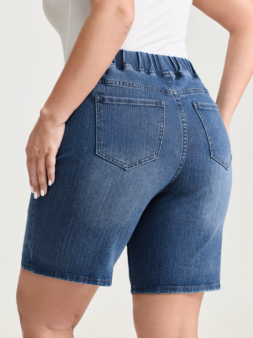 Stretchy Pull-On High Waist Pockets Denim Shorts
