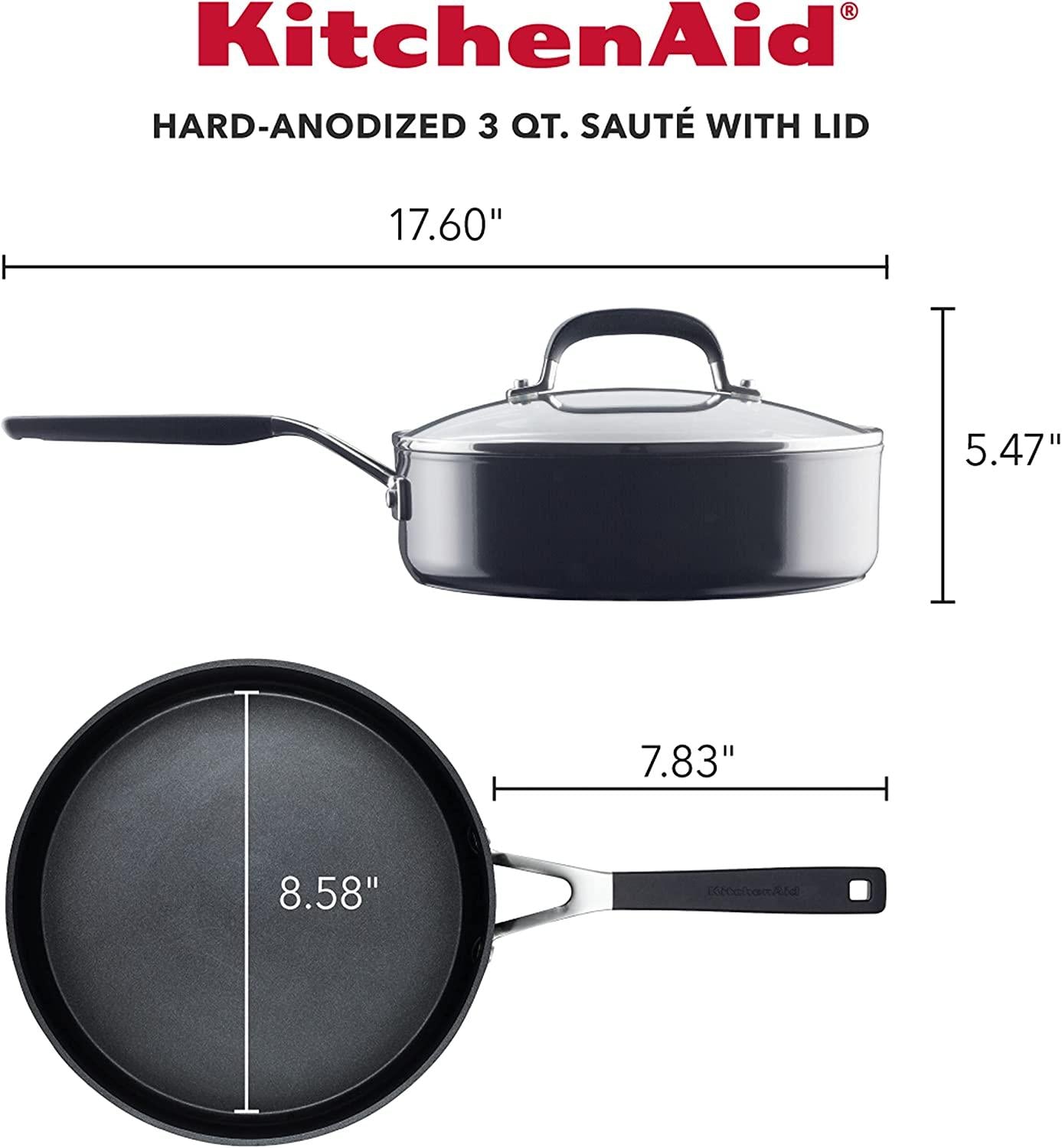 KitchenAid Hard Anodized Nonstick Saute/Fry Pan with Lid, 3 Quart, Onyx Black