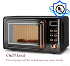 Retro Countertop Microwave Oven, 0.7Cu.ft, 700-Watt, Cold Rolled Steel Plate, 5 Micro Power, Delayed Start Function, with Glass Turntable & Viewing Window, LED Display, Child Lock (Gold)