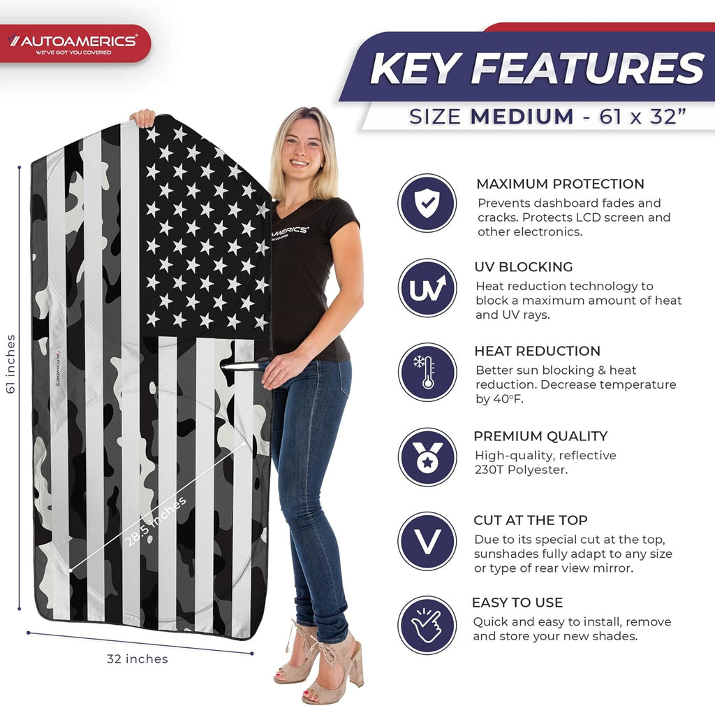 Autoamerics 1-Piece Windshield Sun Shade B&amp;W Camo American Flag USA  - Foldable Car Front Window Sunshade for Most Sedans SUV Truck - Blocks Max UV Rays and Keeps Your Vehicle Cool - Medium
