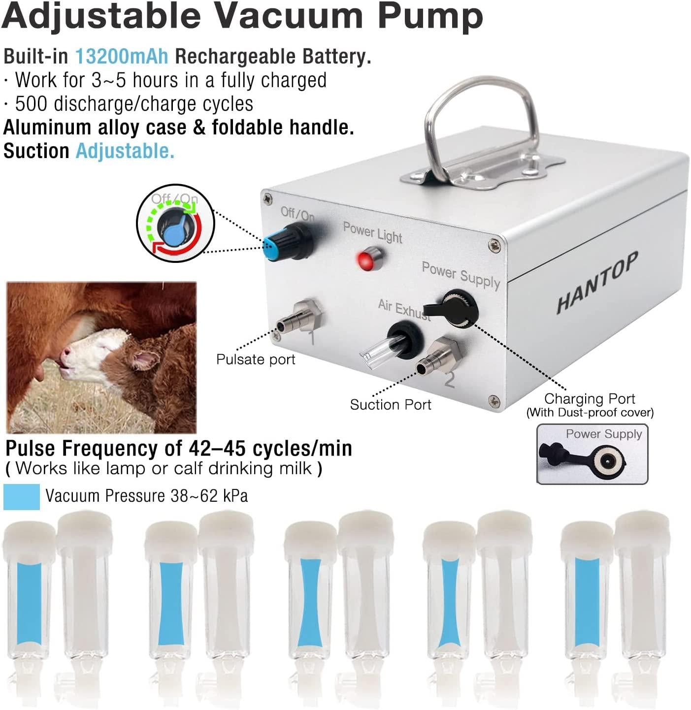 Hantop 6L Goat MilMachine, Rechargeable Battery Powered Speed Adjustable Pulsating Vacuum Pump, 304  Steel Milk Bucket with Auto Stop Check Valve Goat Milker Machine (Pro Model)