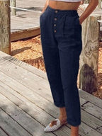 Women's Fashion casual linen button decoration 9 points pants