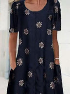 Round Neck Floral Print Loose Short Sleeve Shift Dress