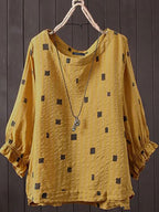 Retro Geometric Print 3/4 Sleeve Lapel Blouse